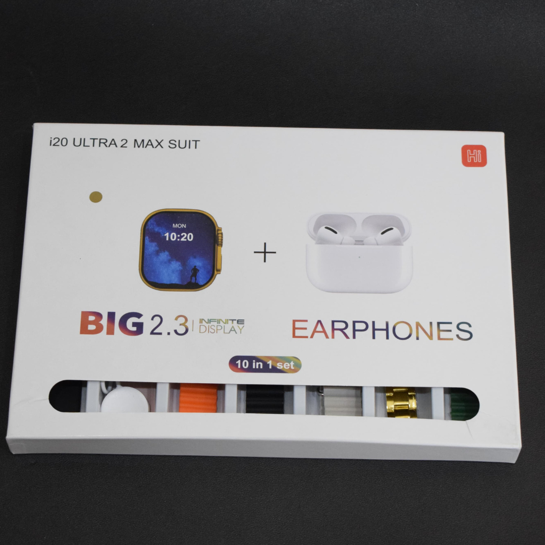 i20 Ultra 2 Max Suit – 10 in 1 Smartwatch & Earphones Set